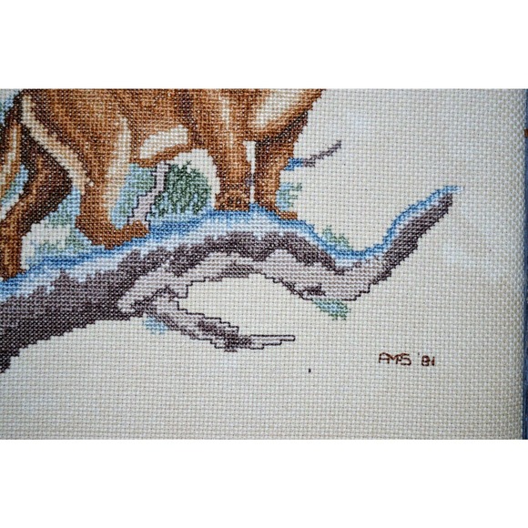 1980s Preworked Cross Stitch Mountain Lion Framed - Picture 3 of 9